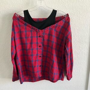 Women Plaid Flannel Off Shoulder Down Collar Button Long Sleeve Blouse Shirt